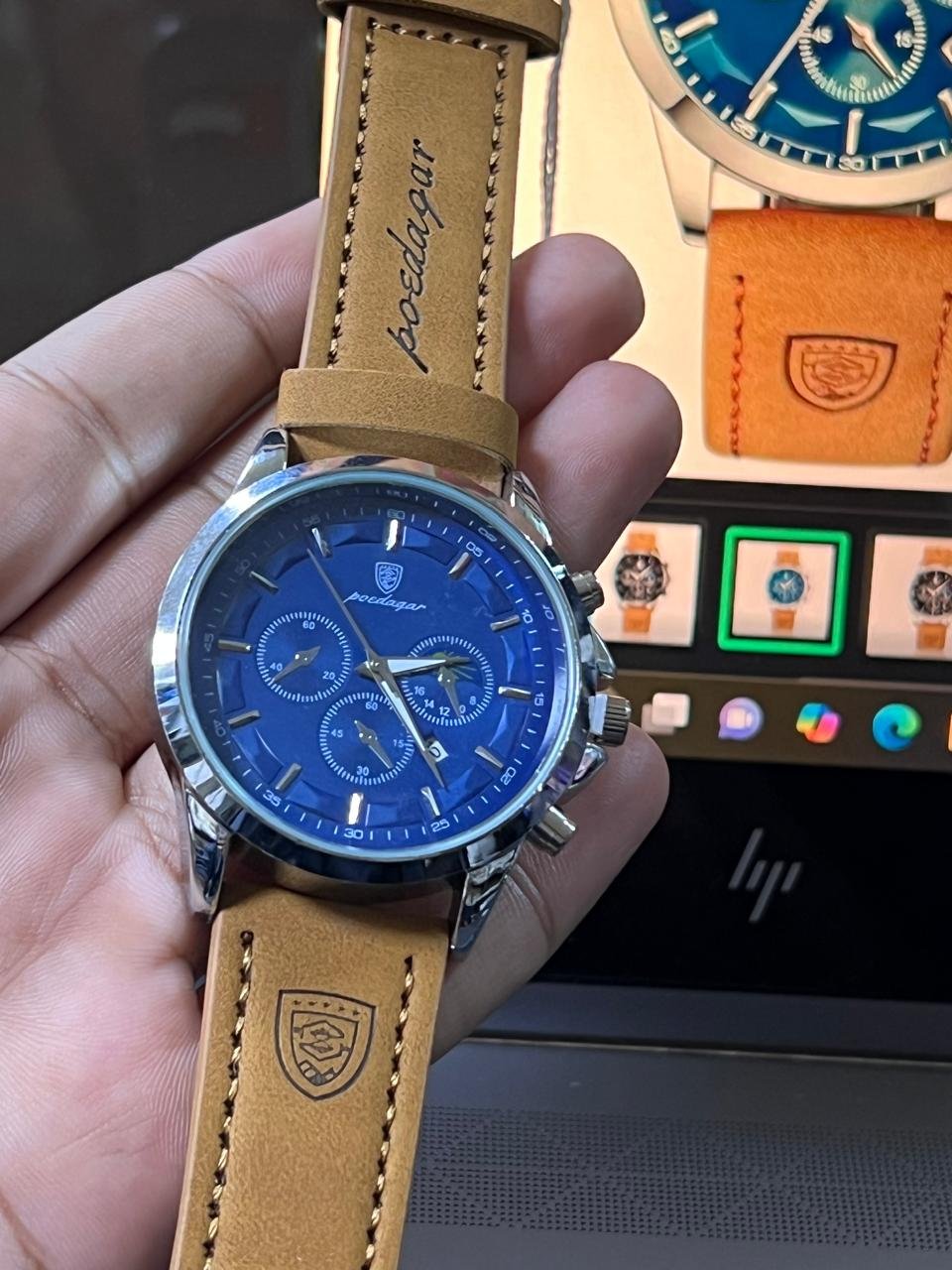 Brown Strap Silver Ring Blue Dial