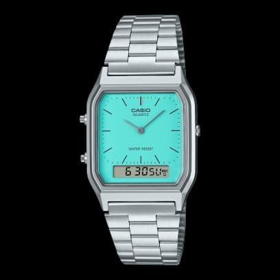 silver strap with light blue dial